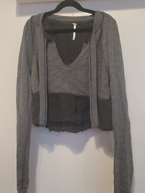 Gray Free People Layered Cropped Women's Top with Hood